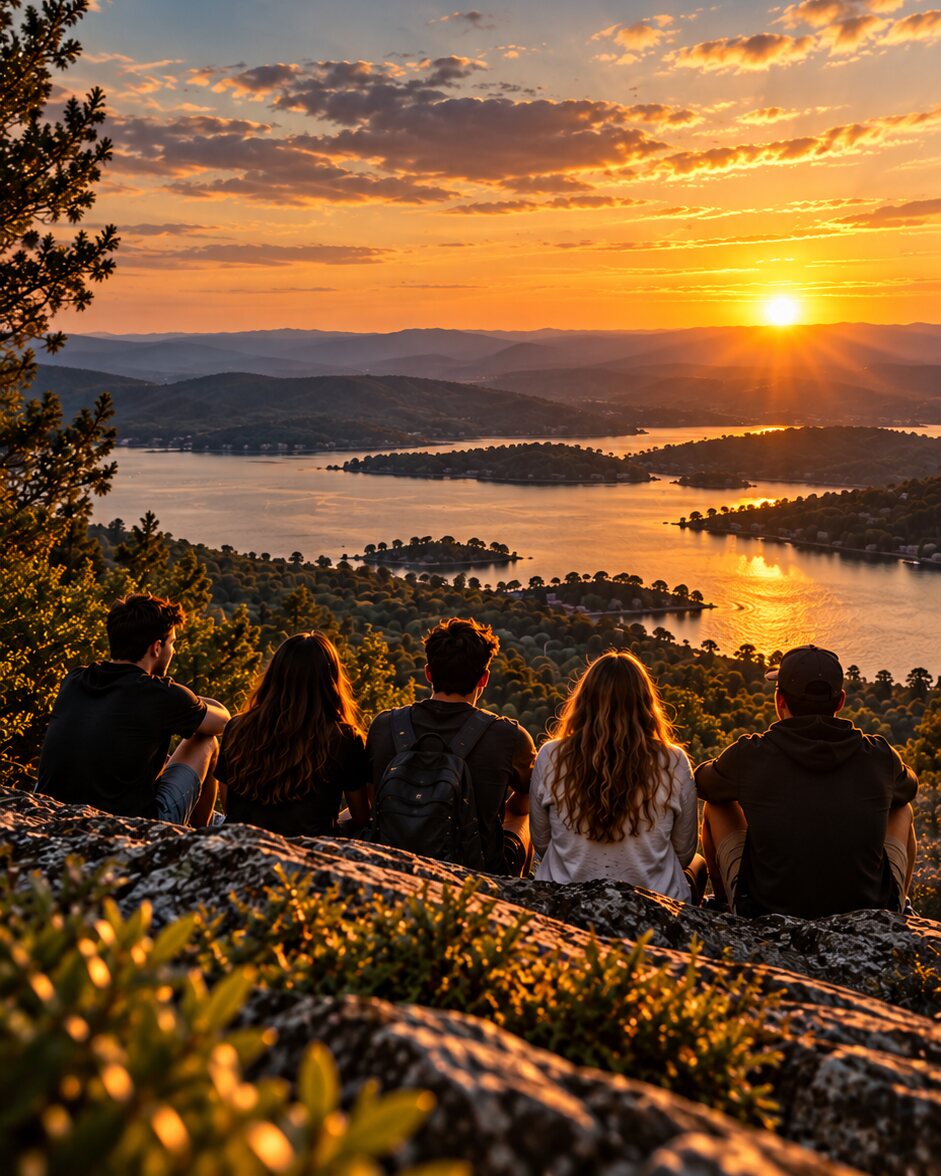 Jovens sentados numa rocha olhando o pôr do sol sobre um lago entre montanhas
